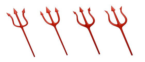 set of red devil demon pitchfork trident 3d element isolated on white background.