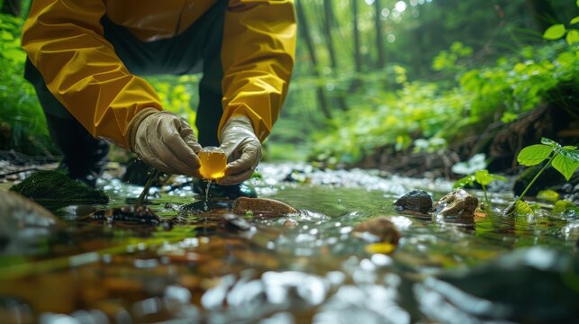 Scientist collecting eDNA samples in a forest stream