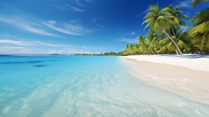 Fototapeta premium a pristine tropical beach with swaying palm trees, soft white sand, and crystal-clear turquoise water lapping at the shore,