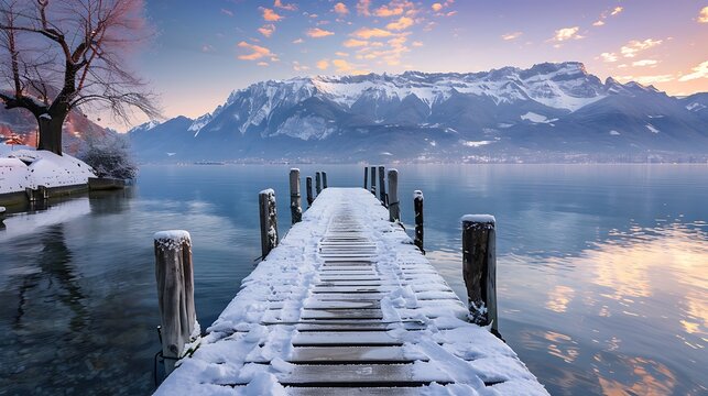 Wooden pier annecy lake winter alps mountains