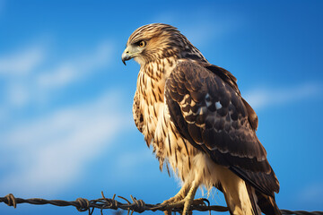 Hawk perched on a wire against a clear blue sky, showcasing its sharp gaze and majestic plumage, embodying strength and vigilance