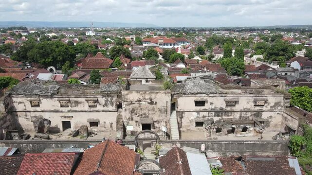 aerial view of the historic buildings of Pulo Kenanga. One complex with the Taman Sari Yogyakarta tourist village