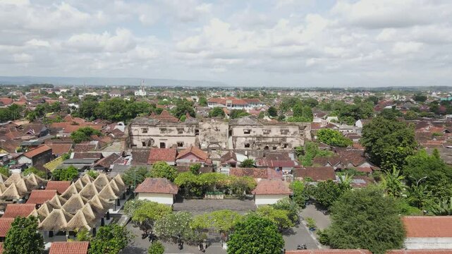 aerial view of the historic buildings of Pulo Kenanga. One complex with the Taman Sari Yogyakarta tourist village