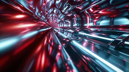 Abstract futuristic tunnel with vibrant red and blue neon lights, creating a dynamic and technological visual effect.
