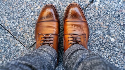 Classic brown dress shoes on outdoor stone