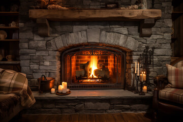 Fototapeta premium Cozy stone fireplace with a roaring fire, surrounded by candles and wood, creating a warm and inviting atmosphere in a rustic living room