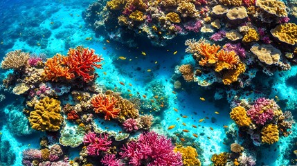 Fototapeta premium High-angle shot of a vibrant coral reef, teeming with colorful marine life, visible through crystal-clear water. 1