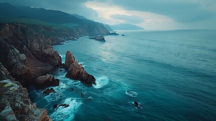 Rocky coastline with waves and dramatic cliffs