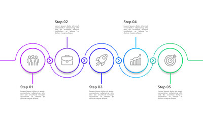 5 milestone of business to success. Infographic thin line curve with circle design template. Business presentation and Annual report. Vector illustration.