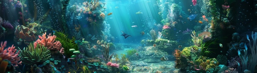 Fototapeta premium Beautiful underwater scene with vibrant coral reefs and diverse marine life, illuminated by sun rays penetrating the ocean surface.