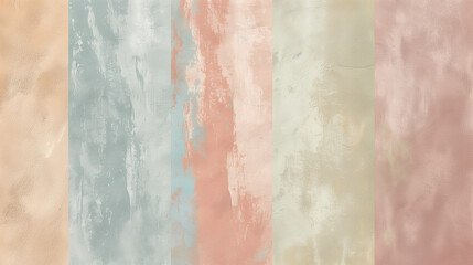 Fototapeta premium Rustic Textured Wall with Subtle Earth Tones Color Washing Technique. Aged effect. Palette of dusty rose, sage green, muted mustard, soft terracotta, pale sky blue.