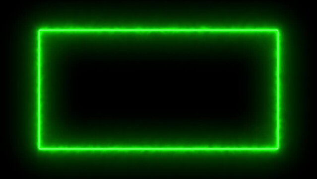 green Neon rectangle frame loop animation. rectangular glowing frame with moving line. neon shape line animation. flickering neon border frame animation