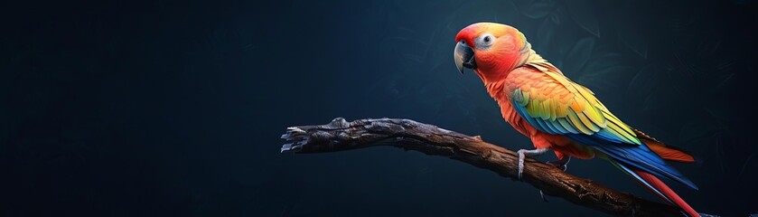 Obraz premium Birds-eye view of a curious parrot on a perch, digital CG 3D, vivid and lifelike, intricate feather details, dynamic pose, suitable for unique gifts and bespoke pet art