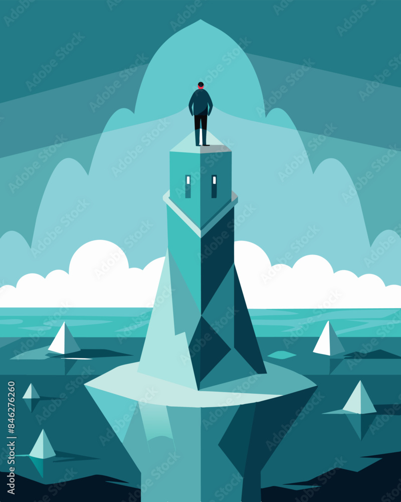 Poster with nothing but frigid waters surrounding them the person on the iceberg stood as a fragile tower b