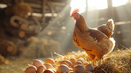 Hen with eggs in a barn basking in morning light