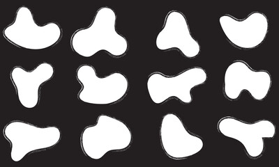 Charcoal sketch frame, organic shapes, paint brush banner, chalk grunge texture, smudge white border different shape . Coal style . isolated on black background . vector illustration. EPS 10/AI