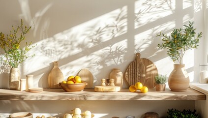 A minimalist kitchen setup with a mockup background, showcasing culinary products in an aesthetically pleasing manner.