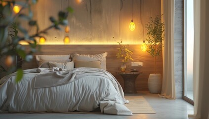 A serene bedroom scene with a mockup background, exuding comfort and relaxation in a minimalist setting.