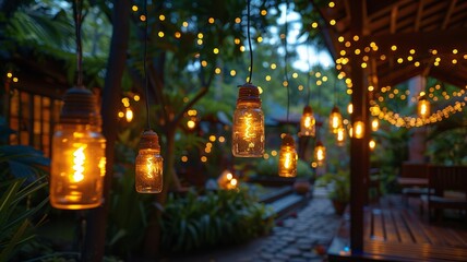 Lanterns and fairy lights in outdoor garden