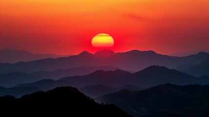 Obraz premium Beautiful sunset over mountain ranges with a red sky