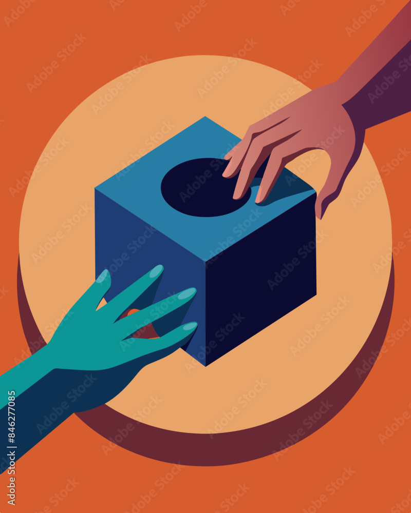 Poster two hands trying to fit a square block into a round hole representing the difficulty and frustration