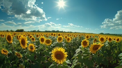 Obraz premium Sunflower field under a bright blue sky