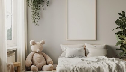 Minimalist Kids' Room Design with Neutral Colors and Blank Poster