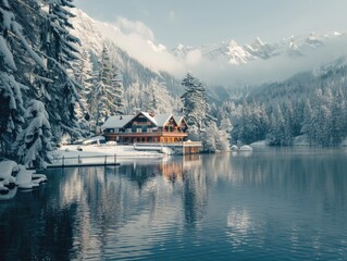 Fototapeta premium A house sits on a lake surrounded by snow-covered trees