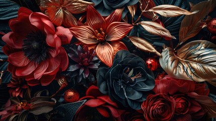 A bouquet of red flowers with gold accents