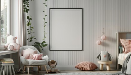 Sleek Kids' Bedroom Design with Mock-Up Poster and Playful Tones