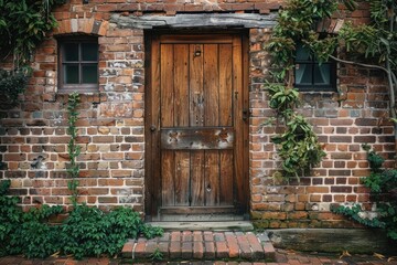 A wooden door with a brick walkway in front of it

