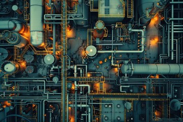 Fototapeta premium A close up of a large industrial plant with many pipes and tanks