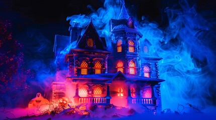 Spooky haunted house with eerie lights, fog, and Halloween decorations