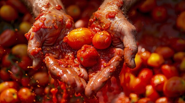 Close-up of hands squishing ripe tomatoes, preparing for the tomato fight at La Tomatina