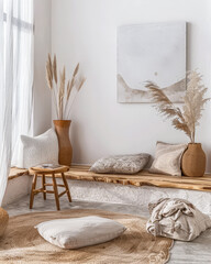 Meditation space in a room with serene vibes, minimal furniture and copyspace. Home interiors composition.