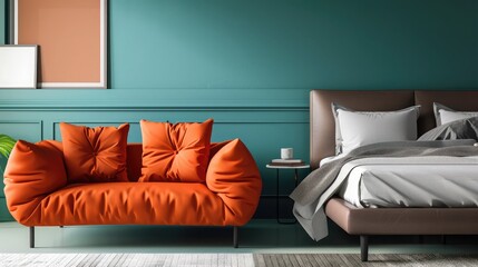 A bright orange AI-controlled sofa next to a sleek modern bed against a teal wall, injecting energy and style into the bedroom