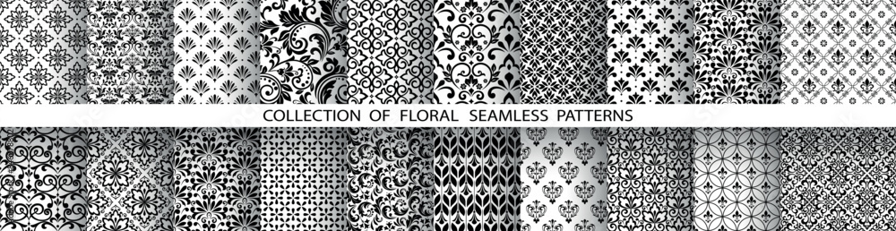 Poster Geometric floral set of seamless patterns. White and black vector backgrounds. Damask graphic ornaments.
