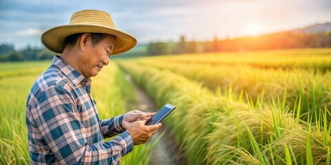 Smart farmer using smartphone for rice fields production control, concept agricultural product technology, and future trading in world market, tracking productivity with satellite for Agriculture