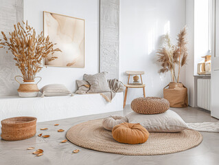 Meditation space in a room with serene vibes, minimal furniture and copyspace. Home interiors composition.