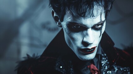 Person in a vampire costume with dramatic makeup, posing with a sinister expression
