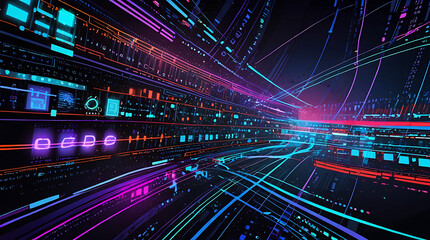 An abstract design that reflects the theme of digital transformation, featuring elements like binary code, data flow, and futuristic interfaces with a high-tech color scheme
