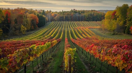 An expansive Canadian vineyard in autumn, showcasing vibrant red and orange foliage surrounding...