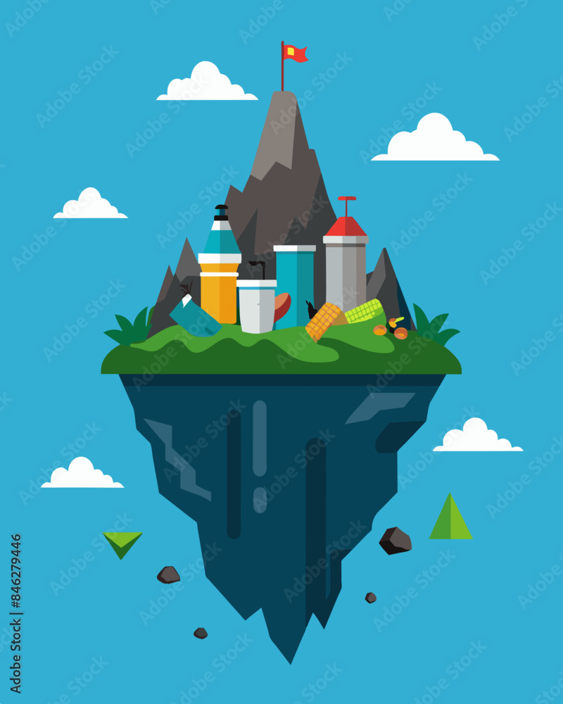 Poster With no signs of stopping the trash piles up higher and higher engulfing the island and leaving no space for anything else.. Vector illustration