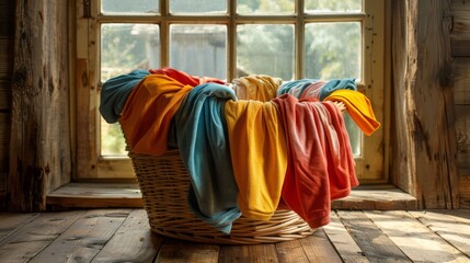 full landry basket with assorted garments in vibrant colors