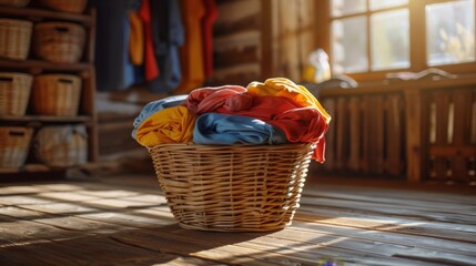 full landry basket with assorted garments in vibrant colors