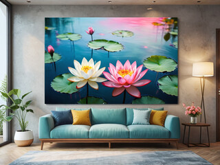 Abstract Lotus Pond Artwork Lotus Painting Canvas Art Vibrant Colors Fluid Lines, Serene Water Scene - For Modern Homes and Nature Lovers