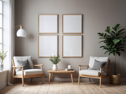 Blank DIN A Wooden Vertical 4 Set of PSD Frame Mockup, Minimalist Scandinavian Interior Living room Background