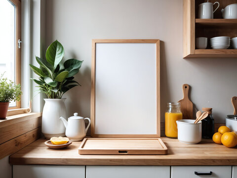 Blank frame mockup light wood DIN A 4 in kitchen food on mockup vertical frame mockup scandinavian interior