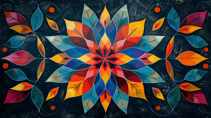 abstract rendition of traditional Rangoli designs with a limited color palette, focusing on geometric shapes and symmetry to convey the festive spirit of Diwali