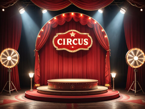 Circus stage podium background 3D carnival light red show curtain. Circus platform stage podium tent theater arena sign vintage spotlight circle stand bulb ringmaster ring cirque cartoon party cinema